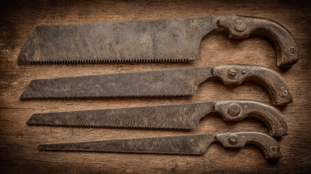 High-angle close-up view of several vintage saws of varying sizes, laid out on a rustic wooden surface. The saws are antique, with aged, rusted metal blades and wooden handles. The image shows the details of the saws and the texture of the wood, conveying a sense of history and craftsmanship.の素材