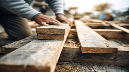 Close-up view of a person's hands meticulously arranging several wooden planks on a construction site. The planks are stacked and ready for use, lying on the ground.  The focus is on the hands, planks, and the immediate surrounding area, with the background slightly blurred.の素材