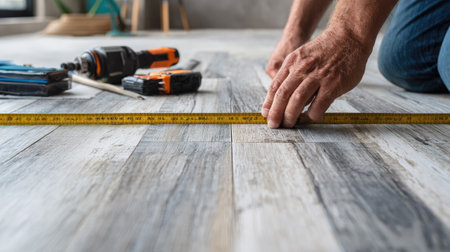 Close-up view of a person using a measuring tape to measure a grey and white wood-look tile floor.  Several construction tools are visible in the foreground.の素材