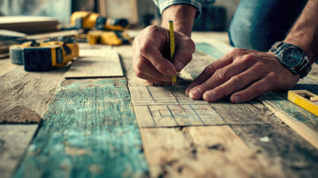 Close-up view of a person's hands using a pencil and measuring tape to mark precise measurements on a rustic wooden surface, likely in a workshop or construction site. The image focuses on the meticulous process of marking measurements on the wood surface.  Various construction tools and materials are partially visible in the background, suggesting a workspace environment.の素材