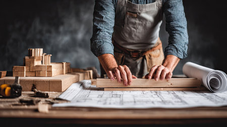 Carpenter is seen meticulously measuring and aligning pieces of wood on a workbench. Blueprint plans are visible, along with other tools and work materials.の素材