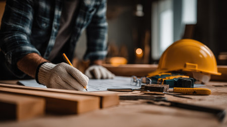 Close-up of a carpenter's hands wearing gloves, drawing detailed plans on blueprints, surrounded by tools and materials in a workshop.の素材