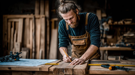 Skilled carpenter meticulously marks a piece of wood with a pencil and measuring tape in a workshop setting.  The image emphasizes the craftsman's concentration and precision in his work.  Various tools and materials are visible in the background, highlighting the woodworking environment.の素材