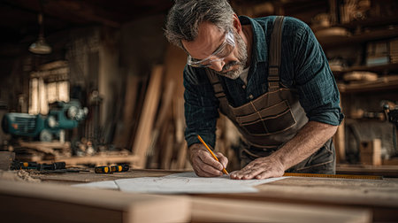 Middle-aged man in a workshop, wearing safety glasses and an apron, meticulously marks out a design on a sheet of paper using a pencil and a ruler.  Various woodworking tools and materials are visible in the background of the image.の素材