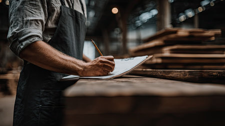 Person wearing an apron is writing in a notepad.  The person's hands are the primary focus of the image, and the image is taken in a dimly lit workshop or similar work environment.  There is a wooden surface or table in front of the person.  Wood is also stacked in the background.の素材