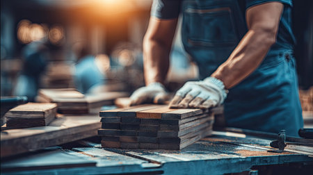Close-up view of a carpenter carefully handling and arranging wooden planks on a workbench. The focus is on the craftsman's hands and the wood pieces in the foreground. A stack of planks is visible, ready for processing.の素材