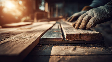 Close-up view of a person in work gloves carefully smoothing a wooden plank using tools on a workbench in a workshop.  The image showcases the details of the wood grain, the tools, and the work environment.の素材