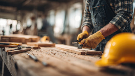 Carpenter in a workshop meticulously using a plane to smooth a piece of wood. Tools and safety gear are visible in the surroundings.の素材