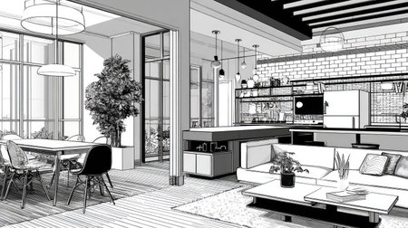 Detailed black and white architectural sketch of an open-plan modern interior, featuring a kitchen, dining area and living room.  The design illustrates the layout of furniture, cabinetry, lighting, and plants.の素材