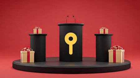 Three-dimensional rendering of a black podium with gift boxes on a round stage, in a red background.の素材