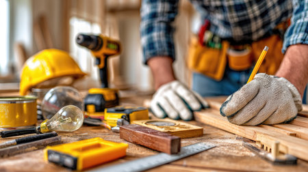 Close-up image of a carpenter's hands wearing work gloves, marking a piece of wood with a pencil on a workbench.  Various carpentry tools are visible on the workbench in the background.の素材