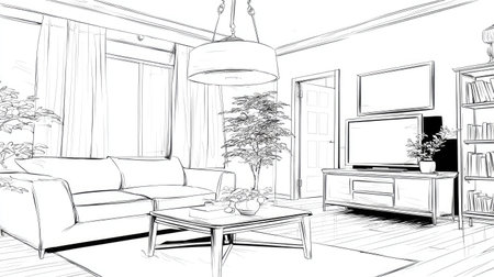 Detailed line drawing of a living room interior, depicting a sofa, coffee table, television stand, potted plants, windows, and a door. The sketch shows the layout and furniture placement of a contemporary home design.の素材