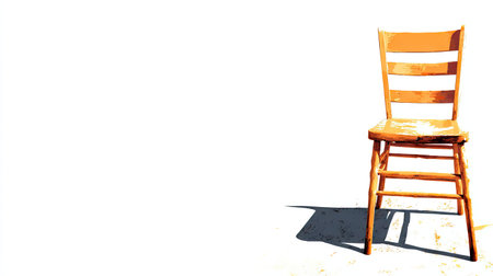 Solitary, weathered wooden chair is depicted against a plain white background. The chair's wooden frame shows signs of age and use.  A shadow falls beneath the chair.の素材