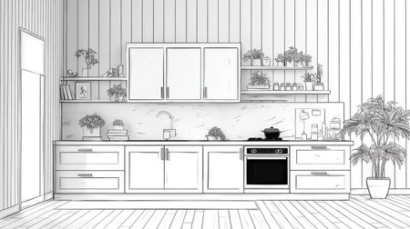 Detailed line drawing of a modern kitchen design, featuring light colored cabinets, marble countertops, and various potted plants.  The drawing is a plan view, showing a realistic representation of the layout of the kitchen, showcasing the style and components of the space.の素材