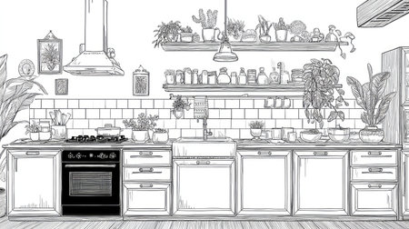 Meticulously detailed line drawing depicting a kitchen interior.  The image features various kitchen appliances,  cabinetry,  decorative plants, and plant pots displayed on shelves.  The style is illustrative and depicts an attractive,  well-designed kitchen.の素材