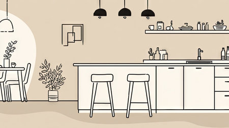 Contemporary kitchen interior is depicted in a simple line drawing.  The design features a light-beige color palette and includes a dining area with a table and chairs, a countertop with bar stools, and storage cabinets.  Plants and decorative items are shown, emphasizing minimalist aesthetic.  The image is presented with clear, clean lines, in an outline style.の素材