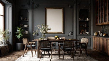 Detailed rendering of a dining area with dark, antique-inspired furnishings, including a wooden table with chairs, potted plants, flowers, and a large, blank framed picture. The walls and trim are a dark gray, and the floor is a light-brown wood.の素材
