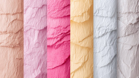 Close-up view of a series of vertical strips of paper, each exhibiting a unique, layered rock-like pattern in varying shades of pastel colors, including pink, beige, and light variations. The ridges and folds create an embossed effect, giving the paper a three-dimensional appearance.  The colors transition smoothly from one strip to the next.  The image highlights the different color palettes, textures, and patterns created by folding and layering the paper.の素材