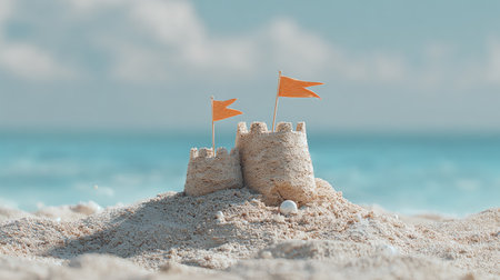 Small sandcastle with an orange flag sits on a beach, next to the tranquil ocean. The scene is a serene beach landscape.の素材