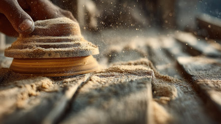 Close-up image of a craftsman's hands using a sanding tool to smooth a piece of wood.  Wood dust is flying in the air. The image captures the detail of the wood's grain and the work being done.の素材