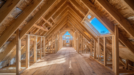 Interior view of a wooden attic space under construction. The image shows the wooden framing of walls and roof structure with exposed beams. Daylight illuminates the space.の素材