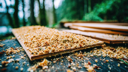 Close-up view of a piece of wood covered in sawdust. The sawdust is light brown and the wood is dark brown.の素材