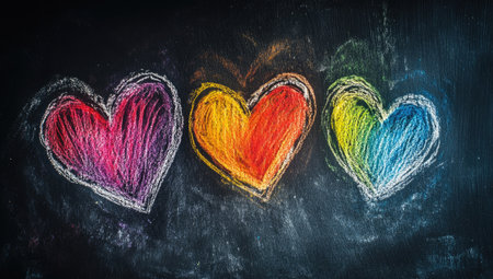 A black background with three colorful hearts drawn in chalk, each representing different emotions like joy and love. The colors of the heart shapes should be bright and vibrant to stand out against the dark backdrop. --ar 53:30 --v 6.1 Job ID: 5c474f9d-2701-41d9-a0d6-055581656978の素材