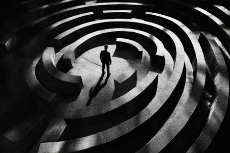 A black and white image of an individual standing in the center, surrounded by shadows that form intricate patterns resembling maze-like structures. The person's silhouette is visible against the light from above, creating depth and contrast between their figure and the abstract shapes around them. This composition evokes a sense of mystery or intrigue within a surreal environment. --ar 3:2 --v 6.1 Job ID: 75f7a9b3-86e9-45db-9e40-81b00bd204aeの素材