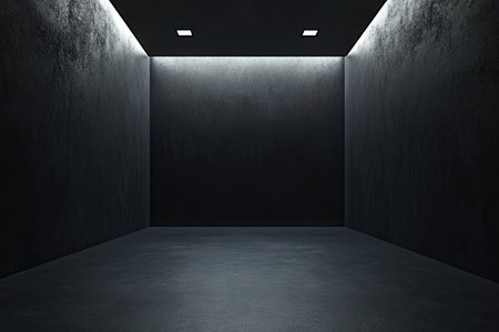 A black, empty room with a floor and walls, illuminated from above. A minimalistic, rendered scene. --ar 3:2 --v 6.1 Job ID: 28dc4f5e-e221-49d5-b9d5-653a47a35978の素材