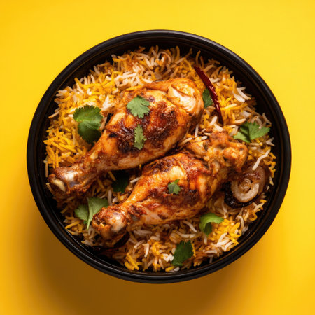 A black bowl of biryani with chicken, top view, yellow background, food photography, product shot, delicious, studio lighting, warm colors, food advertising. --v 6.1 Job ID: 1976a8f1-2a82-467f-8767-069e870024fcの素材