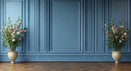 A blue wall with decorative panels and flowers in vases on the sides, a parquet floor, and a classic interior design. --ar 78:43 --v 6.1 Job ID: 5e6d7576-a681-4202-8042-0b83f11a635eの素材