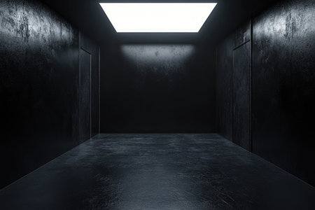 A black, empty room with a floor and walls, illuminated from above. A minimalistic, rendered scene. --ar 3:2 --v 6.1 Job ID: 28dc4f5e-e221-49d5-b9d5-653a47a35978の素材