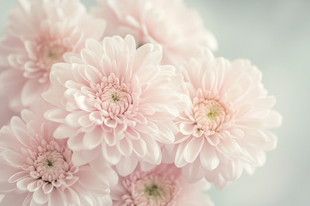 A bouquet of delicate pink chrysanthemums, with a soft focus and a dreamy pastel color palette, set against an off-white background for a gentle touch. --ar 3:2 --v 6.1 Job ID: abbcc91a-c888-42e8-830c-b76534c91dd4の素材