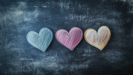 A chalkboard background with three colorful hearts drawn on it, symbolizing the concept of love and affection for Valentine's Day celebration. The dark gray color adds depth to the scene while emphasizing the softness of pastel colors used in the drawing. This design is perfect as an illustration or banner template, an ultra-realistic photograph, a high-resolution 3D rendering, or a cinematic lighting setup. --ar 53:30 --v 6.1 Job ID: 0ed8c002-32fa-413c-bfa7-32920b50916cの素材