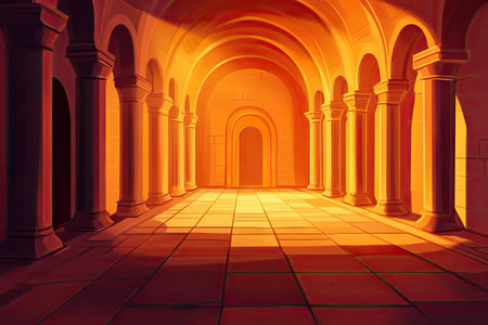 A cartoon-style background illustration of an ancient hall with arched doorways and pillars, featuring a gradient from warm red to orange tones. The scene includes a floor made up of large square tiles, adding depth to the composition. This setting is perfect for game art or casual gaming projects. --ar 3:2 --v 6.1 Job ID: 804e0ff3-2d9f-4d38-9fa8-c247ace7f73bの素材