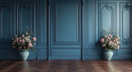 A blue wall with decorative panels and flowers in vases on the sides, a parquet floor, and a classic interior design. --ar 78:43 --v 6.1 Job ID: 5e6d7576-a681-4202-8042-0b83f11a635eの素材