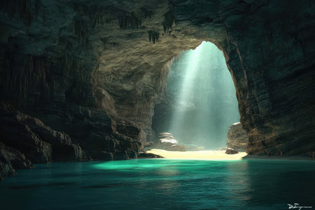 A cave entrance on the shore of an ocean, light is coming through the opening in the ceiling of rock, and it has a teal color. This is a fantasy, photorealistic scene. --ar 3:2 --v 6.1 Job ID: e679b200-5573-490a-9a56-5262c01794d5の素材