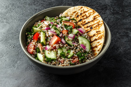 A bowl of tabbouleh salad, with bulgur wheat and fresh vegetables like cucumber, tomato, and red onion, served with flat pita bread on the side, against a dark gray background, in high-resolution photography. --ar 3:2 --v 6.1 Job ID: bf979b56-d481-47ed-b509-5e3bdedb545fの素材