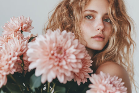 A bouquet of pink chrysanthemums on the right side, pale background, blurred, vintage style, pastel tones, close-up --ar 3:2 --v 6.1 Job ID: 71792353-d43d-45ac-ad93-01e468fe1b25の素材