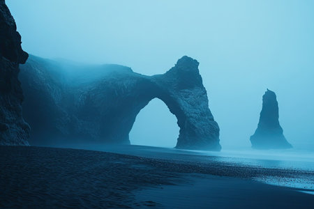 A cinematic still of an alien landscape with rock formations that resemble natural arches, set in the style of Dune and The Lord of the Rings. Shot on an ARRI ALEXA cinema camera. Photorealistic. Misty. Black sand beach. Faint blue lighting. Moody. Nighttime. Fantasy. Surreal. In cool tones. High contrast. --ar 3:2 --v 6.1 Job ID: 6e68fdad-aa88-4e83-a532-3a327dcfaed0の素材