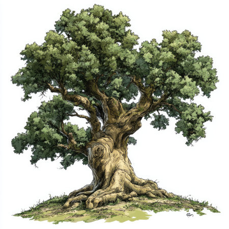 A cartoon vector illustration of an old oak tree with a thick trunk and lush green leaves, against a white background. This could be used as a graphic design for a t-shirt. --v 6.1 Job ID: 2fe49100-1583-4f26-bdb8-cd90f8adc213の素材