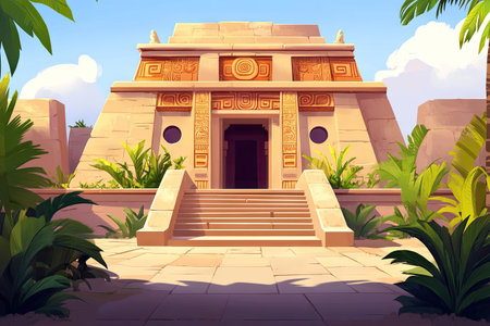 A cartoon-style Mayan temple entrance in the middle of an ancient city, with steps leading up to it and plants around it. The scene is bright and colorful, typical of Pixar's animated films. It should have a warm color palette and be in full view, showing both sides of each step on one side of the building. In front, there's another door with large round windows. --ar 3:2 --v 6.1 Job ID: 5e6041f6-f397-478c-b72b-ee457606122cの素材
