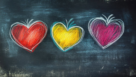 A chalkboard background with three colorful hearts drawn on it, symbolizing the diversity of love and affection in celebration of World Romance Day. --ar 53:30 --v 6.1 Job ID: 3bf8fd36-9489-4e09-b5ad-bc9a00d72b22の素材