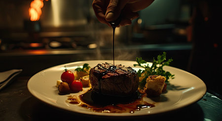 A chef's hand delicately drizzling balsamic sauce over the top of a perfectly cooked filet mignon on a fine porcelain plate, with side dishes and garnishes in a dark kitchen setting. The dish is centered on the table surface, with soft lighting highlighting its textures and colors. --ar 78:43 --v 6.1 Job ID: 0b63d8ce-899f-4e17-a35a-8515fb3072dcの素材