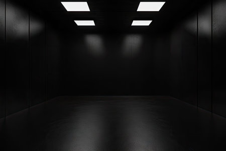 A black, empty room with a floor and walls, illuminated from above. A minimalistic, rendered scene. --ar 3:2 --v 6.1 Job ID: 28dc4f5e-e221-49d5-b9d5-653a47a35978の素材