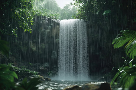 A cinematic waterfall in the jungle, rain falling from above, a misty atmosphere, photorealistic in the style of Octane Render, created using Unreal Engine. --ar 3:2 --v 6.1 Job ID: eb47035c-8457-4ed5-95b1-77638894dec7の素材