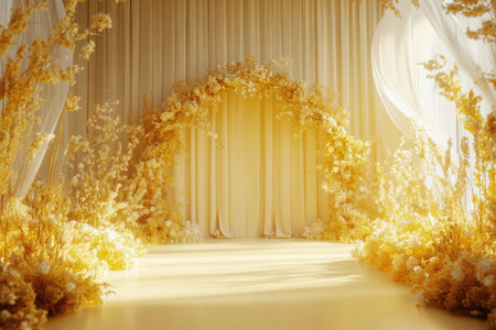 3D wedding stage backdrop with a yellow and beige floral arch, curtains, sunlight effect, flowers, golden accents, elegant design, soft lighting, no people, realistic, romantic, cinematic. --ar 3:2 --v 6.1 Job ID: 9f2cd863-f637-47b6-8c52-612cb2e56402の素材