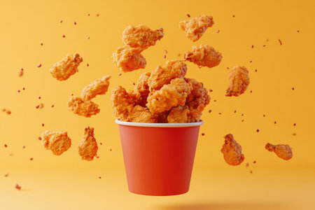 A bucket of fried chicken is being thrown into the air, food photography, orange background, high-resolution photography, vibrant colors, high details, high-quality photography, professional studio photography, beautiful, cinematic, natural light, in the style of Octane Render. --ar 3:2 --v 6.1 Job ID: b919c4ee-8394-44f8-a935-c2b349c04b9cの素材