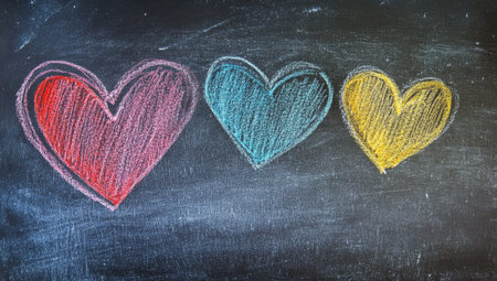 A chalkboard background with three colorful hearts drawn on it, symbolizing the love and diversity of Valentine's Day, with space for text or design. The dark gray color creates an atmosphere suitable for various designs related to romance and celebration. This image is ideal as a banner or header in web pages about romantic events like Valentine's Day or wedding celebrations. --ar 53:30 --v 6.1 Job ID: 5ff3d168-9e5d-42b2-8b58-102b5b27800cの素材