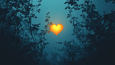 80s cartoon-style illustration of an orange, glowing heart floating in the air above thorny vines. It's a dark, foggy, nighttime scene with a wide shot and a simple design featuring flat colors. This is a 2D vector render, reminiscent of 90s animation, with a cel-shaded concept art style and a detailed, cinematic background in a light blue color scheme. The overall effect is a cute, storybook illustration. --ar 53:30 --v 6.1 Job ID: 58c0163e-1dab-4965-bf06-a0f1b2809ac7の素材